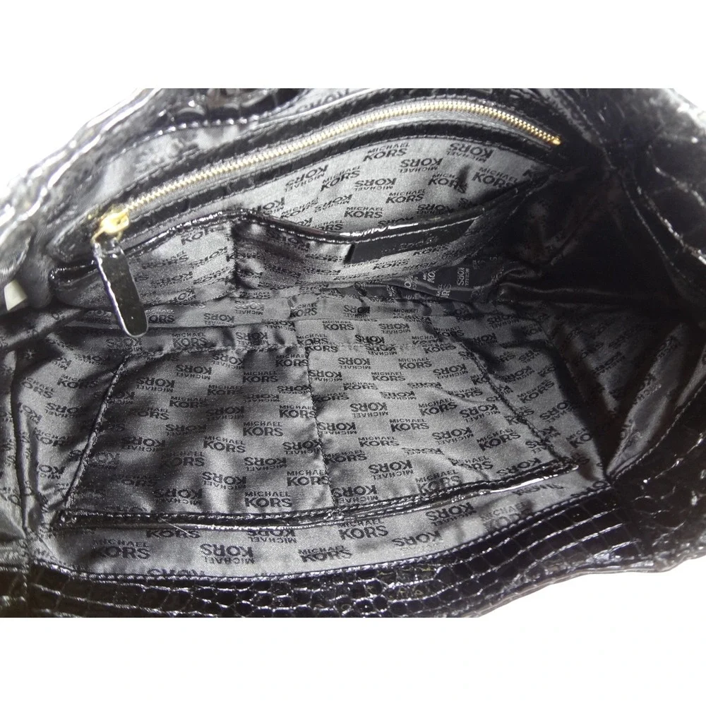 RARE! Michael Kors Penninsula Hobo Shoulder Bag Black Croc Emboss Patent Leather